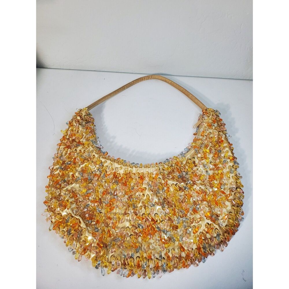 Vintage Gold Satin Hand Beaded Purse, Hand Sewn Evening Clutch,